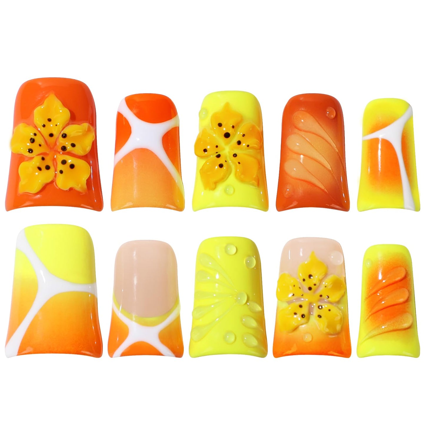 Buleens Handmade Press on Nails Acrylic Duck Nails-10pcs Short Vibrant Tropical Yellow Flower 3D Fake Nails Kits with Glue