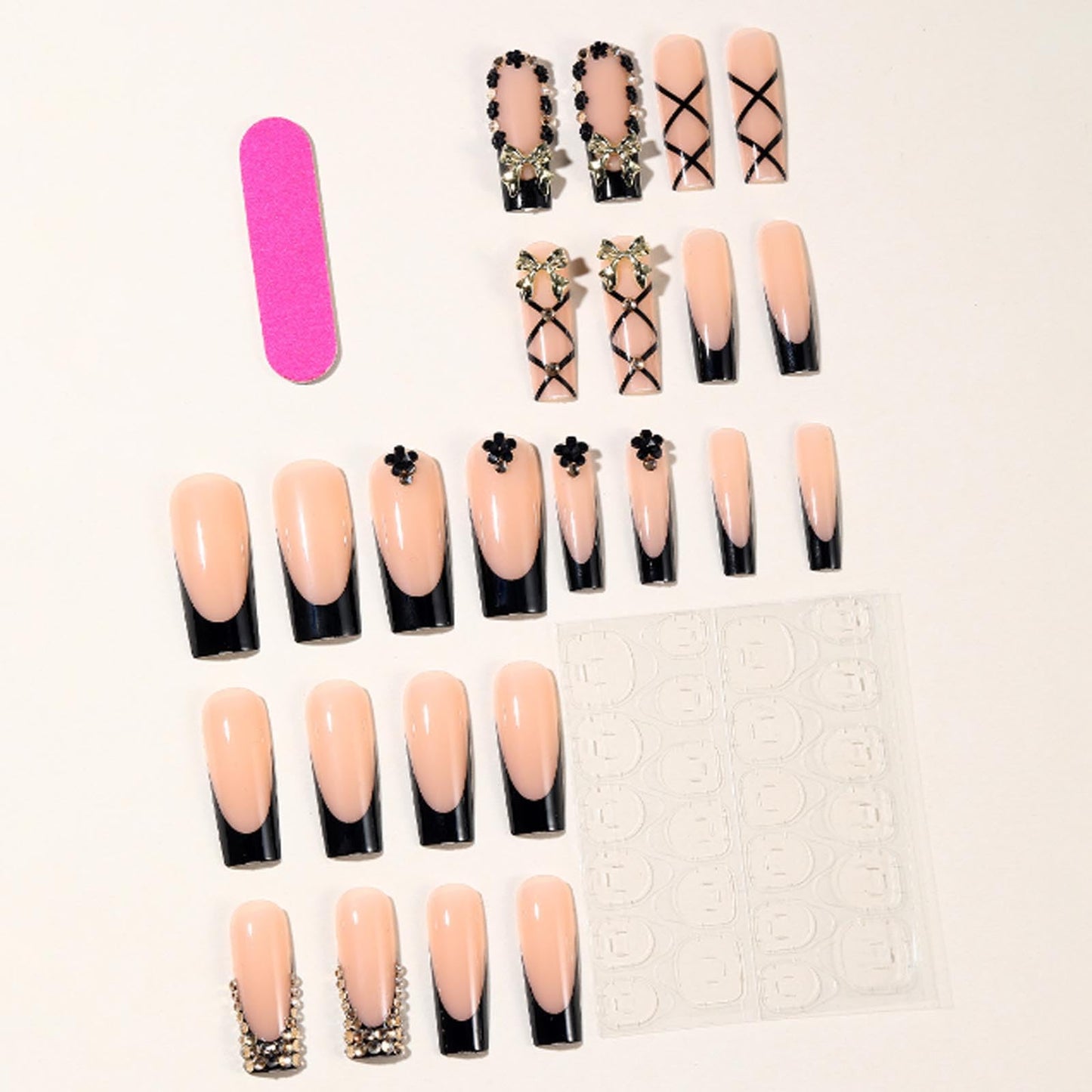 Hkanlre Long Press on Nails French Tips Full Cover Rhinestones False Nails Coffin Fake Bow Nails French for Women 24PCS
