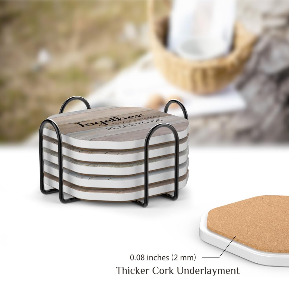 UMIRRO Rustic Farmhouse Coasters for Coffee Table Decor, Ceramic Coaster Set with Holder for Wooden Table, Cute Cup Coasters for Drinks Absorbent, Housewarming Gifts for New House/Home, 4", 6 Pack