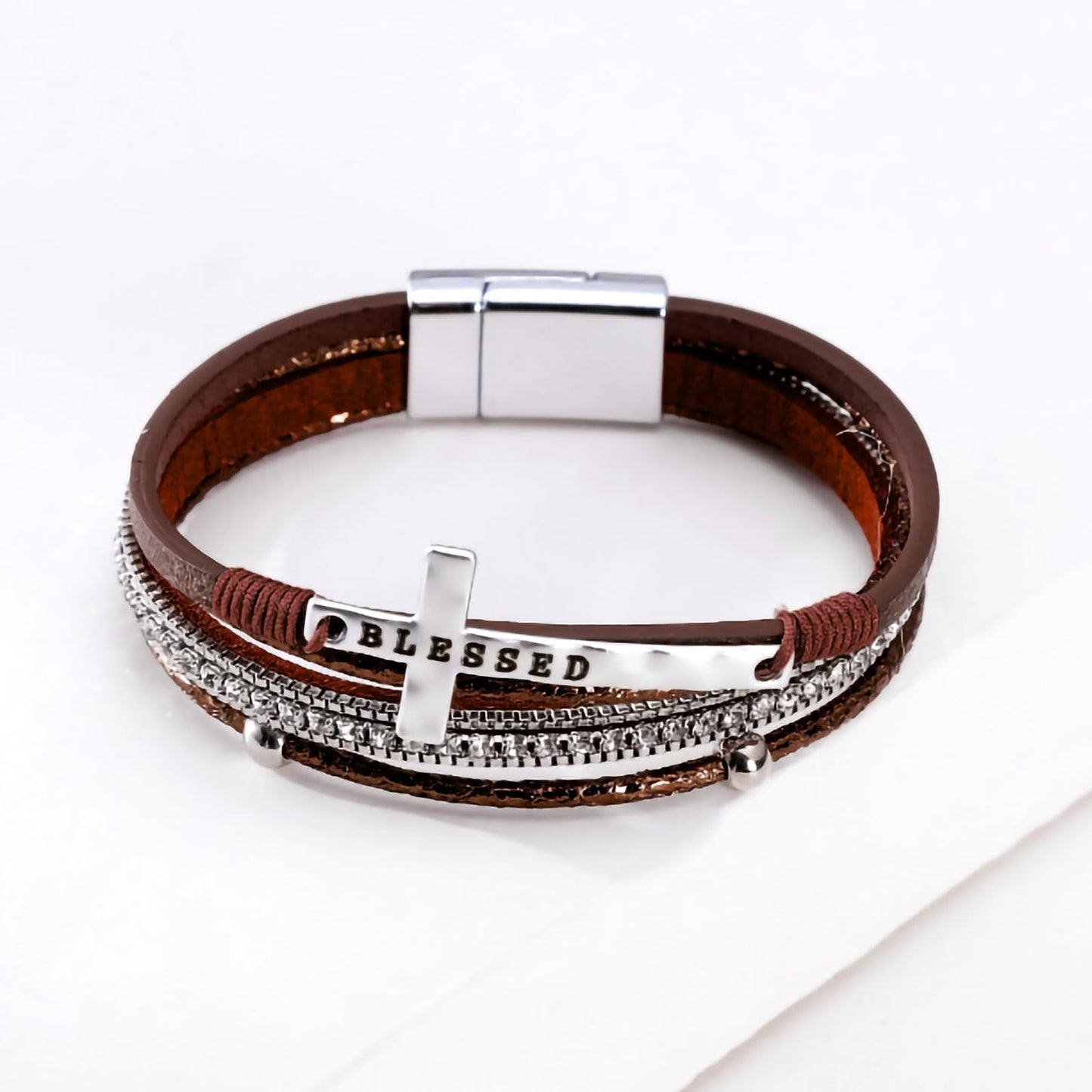 Leopard Bracelet for Women, Boho Leather Wrap Multi-Layer Pearl Crystal Bracelet Bangle Jewelry (Blessed Cross(Brown))