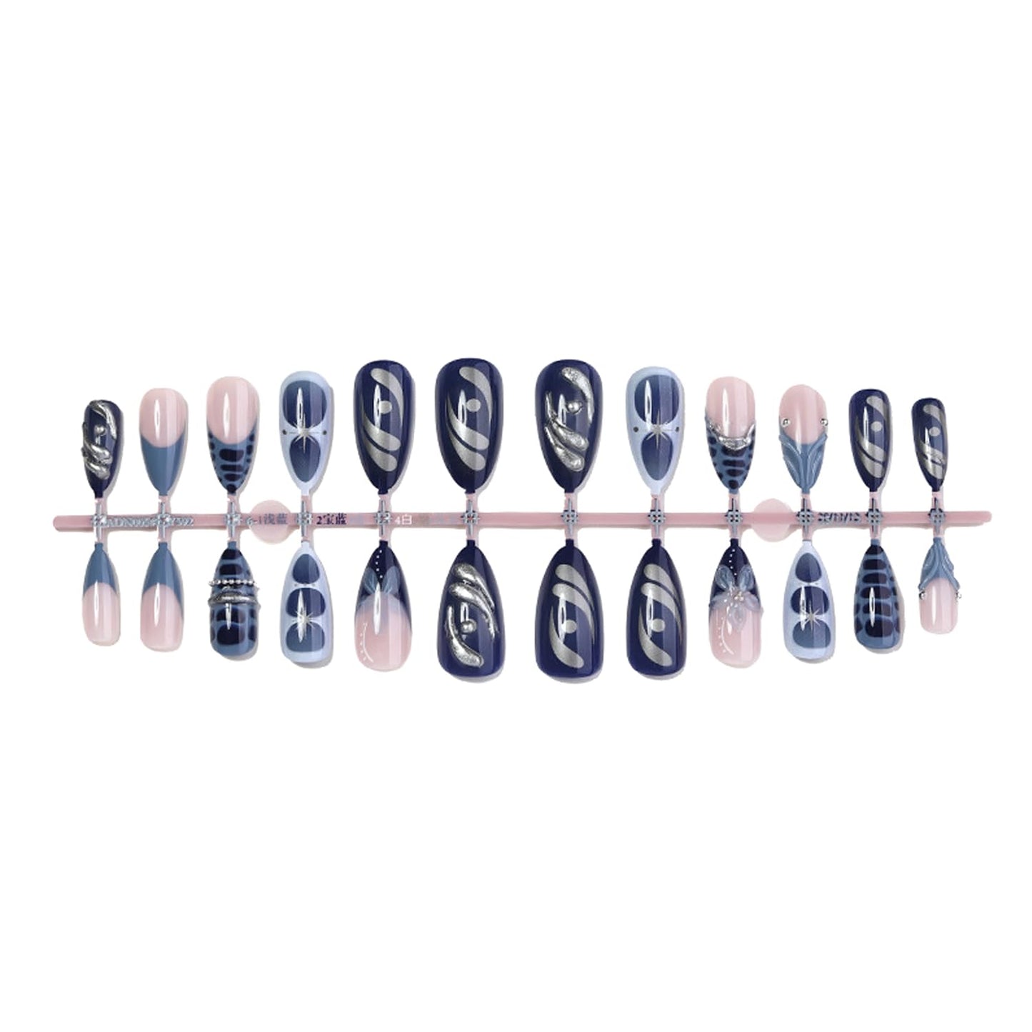 24Pcs Chrome Silver Press on Nails - Medium Almond Blue French Fake Nails with 3D Metal Ring Design Crocodile Pattern False Nails Blue Gradient Full Cover Flower Star Artificial Glue on Nail for Women