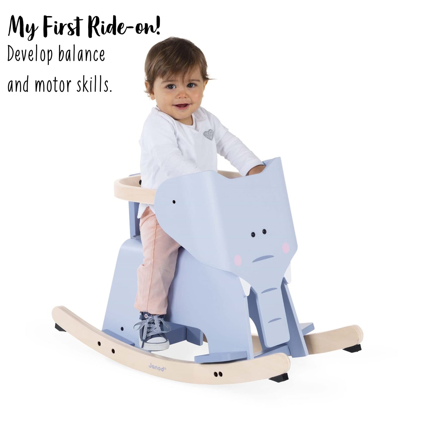 Janod Rocking Elephant – Classic Wood Rocker Ride-On Toy - Ages 1+ - J08024
