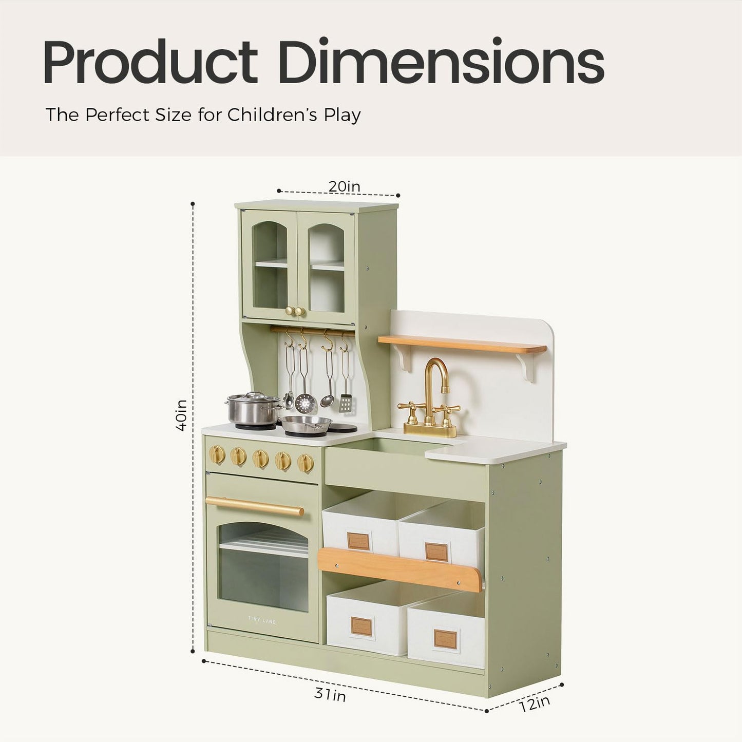Tiny Land Wooden Play Kitchen for Kids – Enhanced Storage with Cabinets & Bins, Modern Toddler Kitchen Playset with Stove, Sink & Accessories