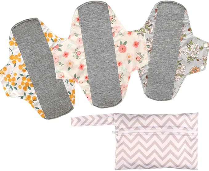 WEEOATAR Graphene Panty Liners, Pack of 3 with 1 Mini Wet Bag - Light Absorbency, Reusable, Washable Sanitary Pads in Yellow, Pink & Grey