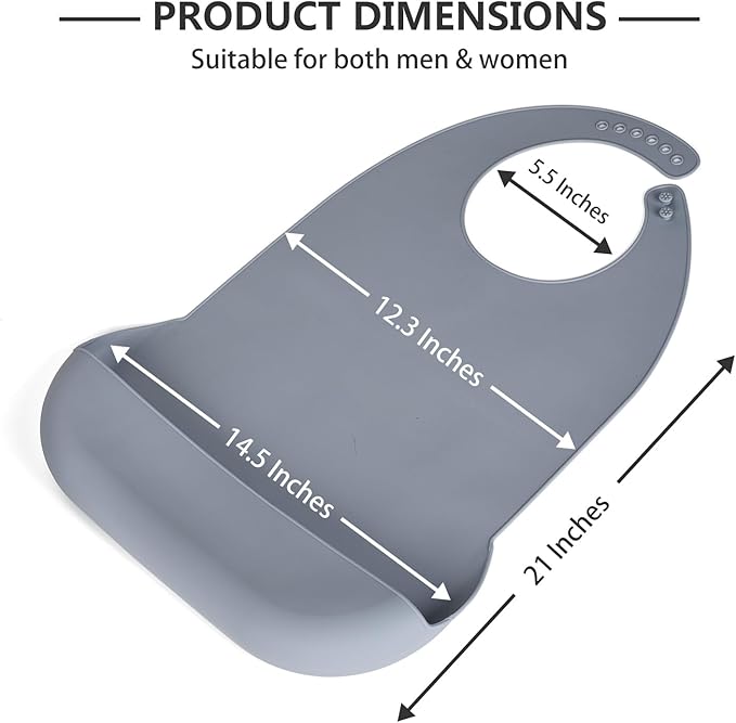 Adult Bibs for Men Women Adjustable Washable Silicone Adult Bibs for Elderly with Crumb Catcher (Dark Grey)