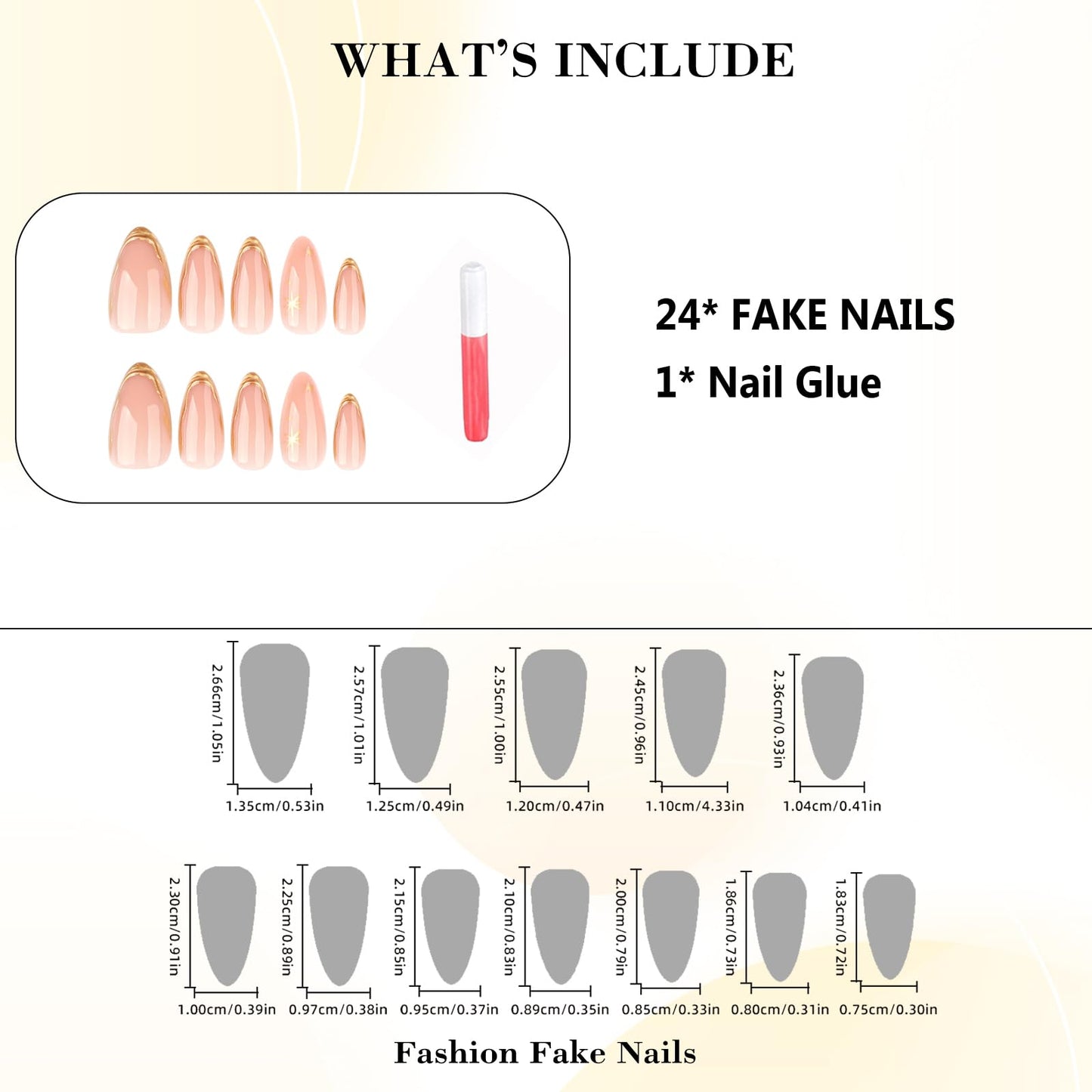 IMRAIN Press on Nails Medium Almond Fake Nails with Gold Line Star Design Gel Acrylic False Nails Full Cover Stick on Nails for Women 24Pcs