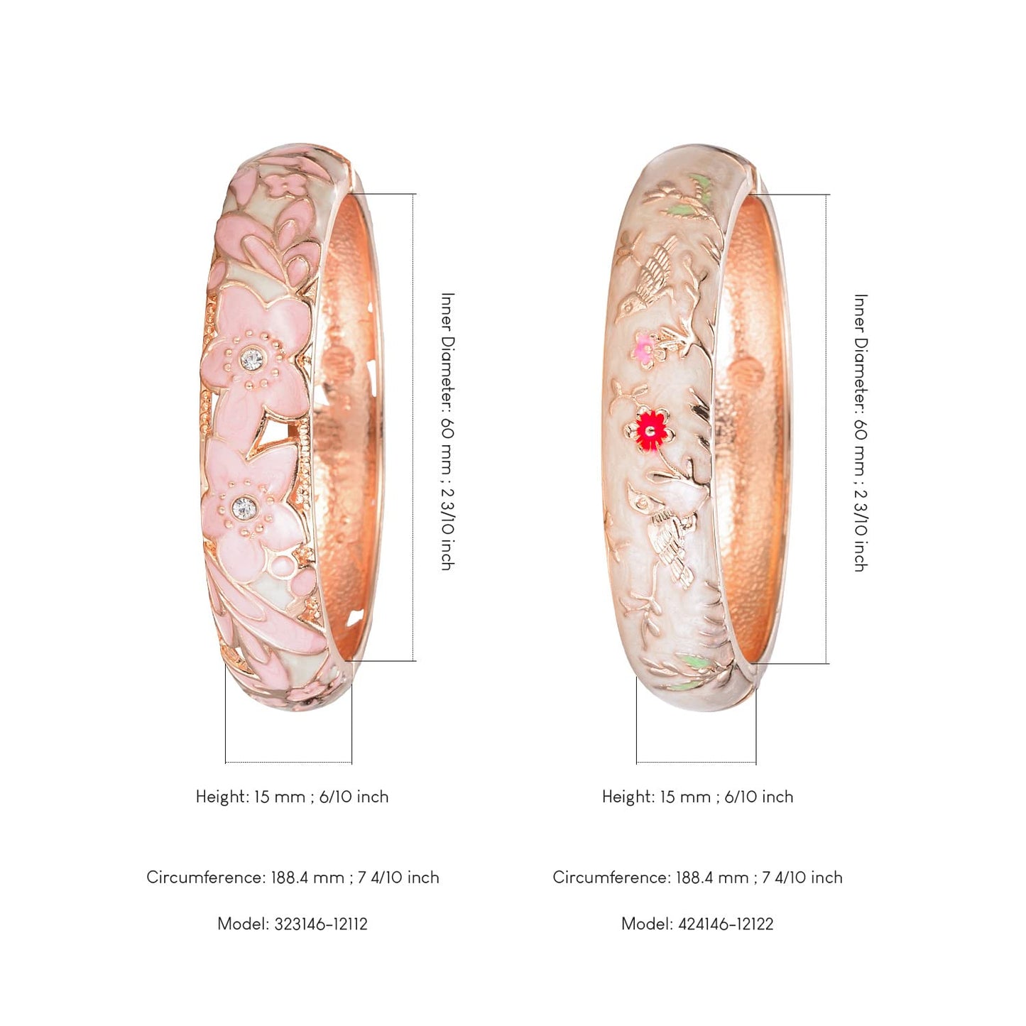 UJOY Colors Handcraft Jewelry Cloisonne Bracelet Enamel Hollowed Flower Bird Spring Hinged Womens Bangles Gifts Box 88A11-55C49 Cream Pink
