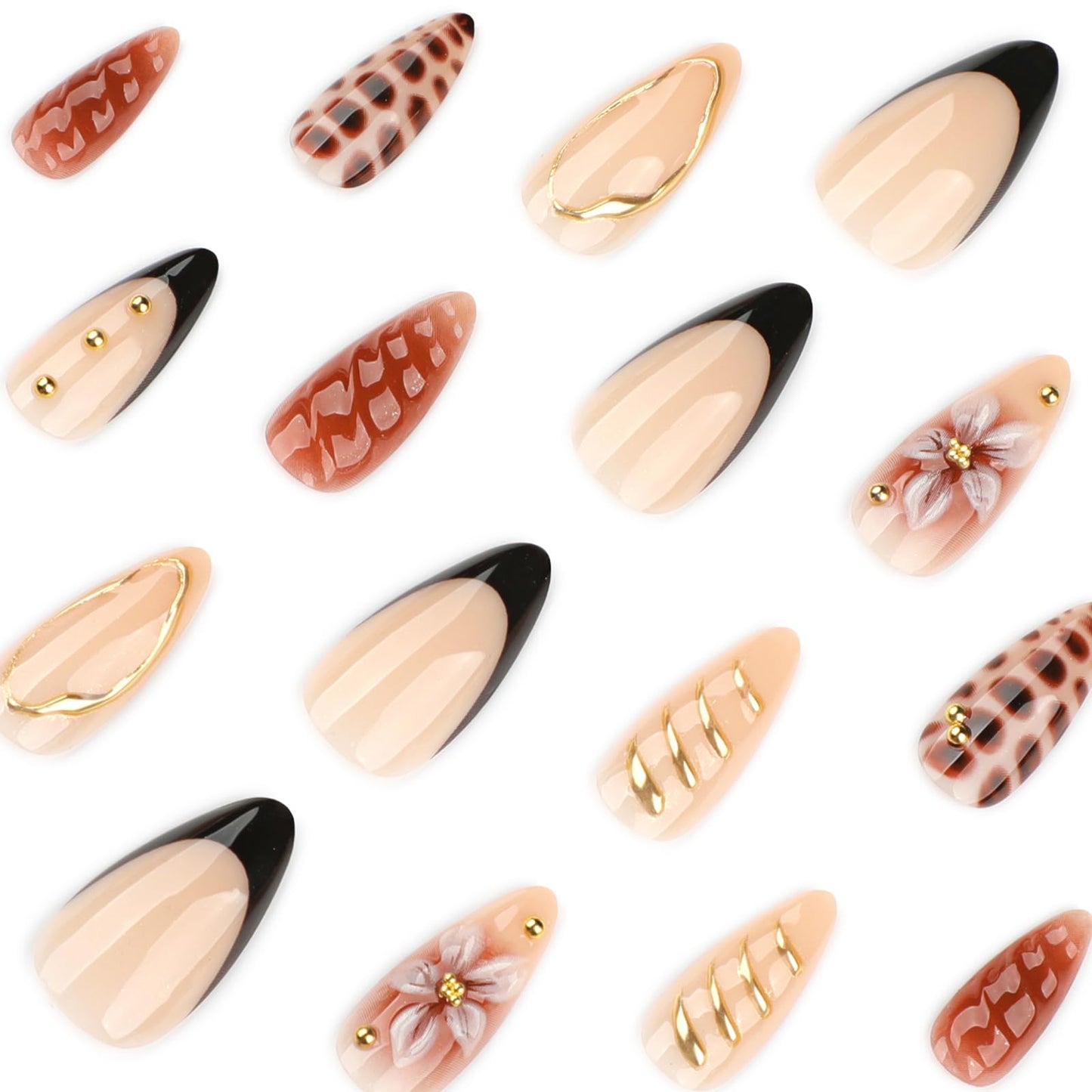 Mivota Brown Soft Gel Press On Nails 24PCS – Mixed Texture Almond Fake Nails with 3D Flower Design, Gold Edge & Snake Pattern, Glossy Reusable Glue On Nails for Women, Trendy Fall Nail Tips