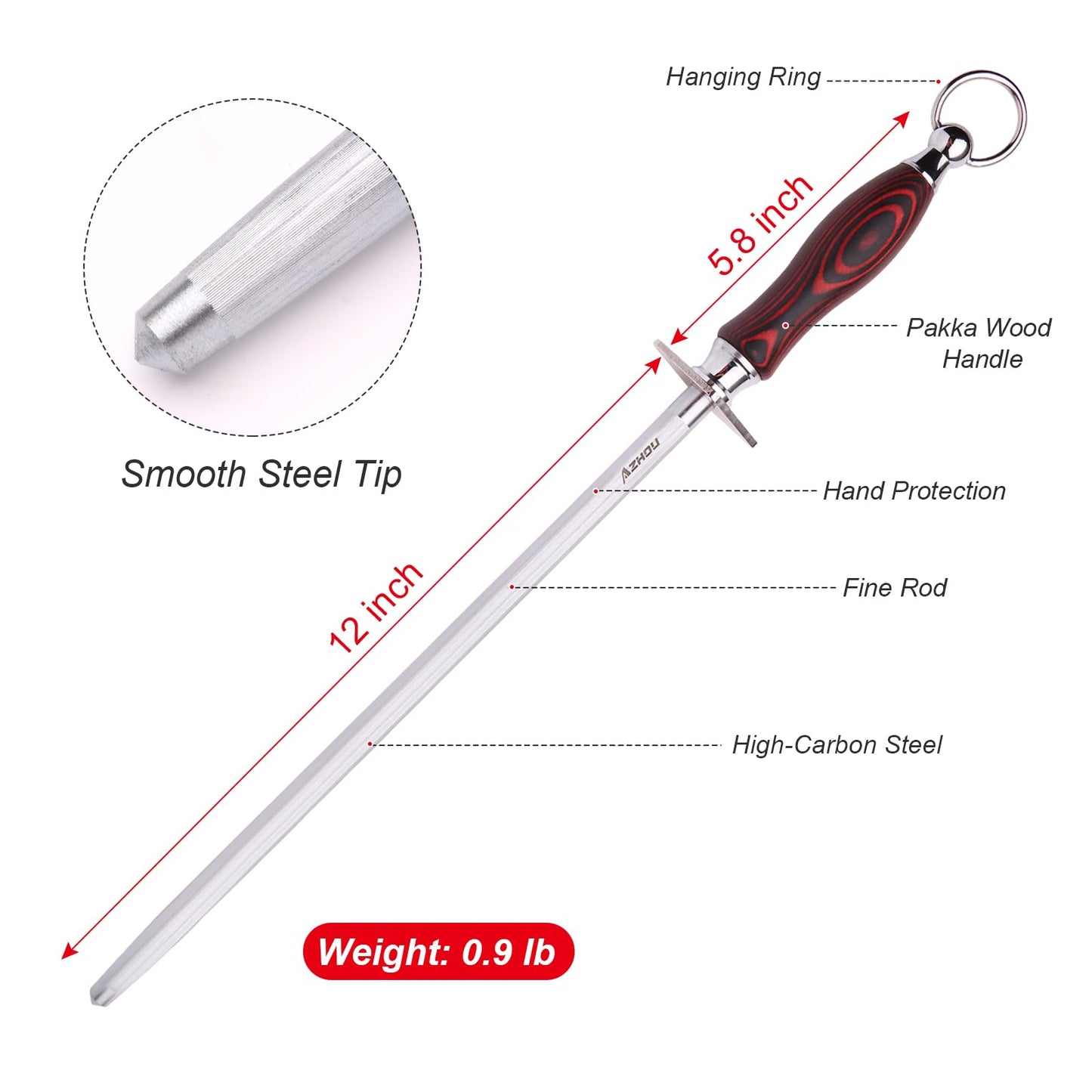 Azhou 12" Professional Knife Sharpener Steel Rod - High Carbon Steel (HRC 63), Fine 200 Grit for Kitchen & Chef Knives, Easy to Use with Non-Slip Wooden Handle & Gift Box