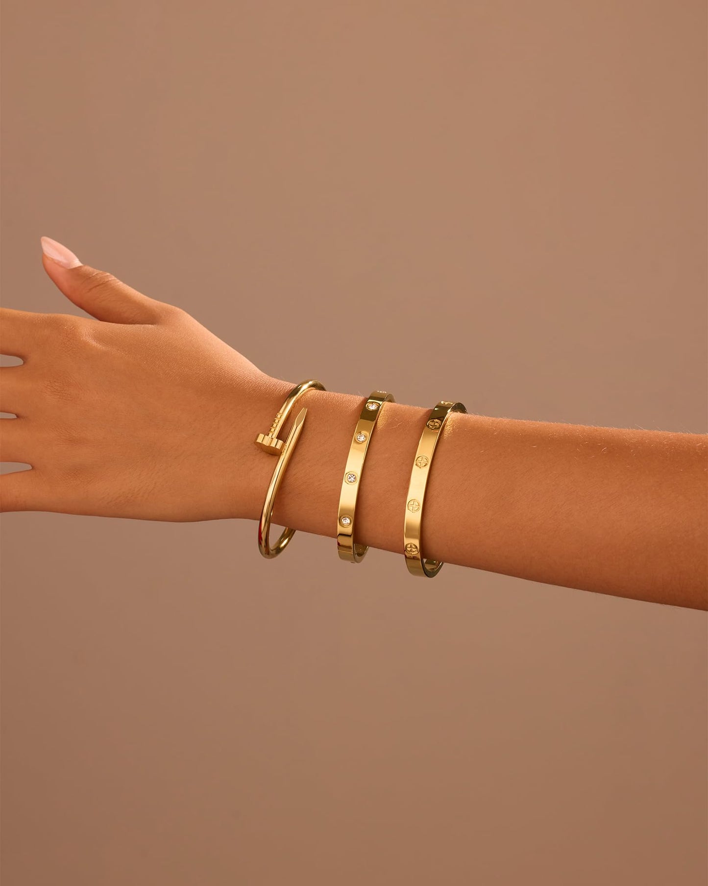 18K Gold Plated Stainless Steel Love Nail Bangle Clover Bracelet Set Stackable Dupes for Love Trendy Jewelry (gold)