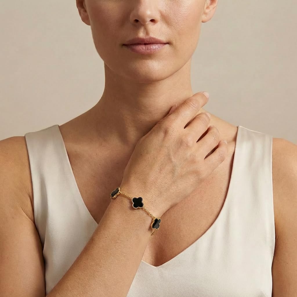 SHINYY Four Leaf Clover Bracelet for Women | 18K Gold Plated Cubic Zirconia Link Bracelet | 4 Leaf Lucky Jewelry Gift for Her (Black Gold Simple)