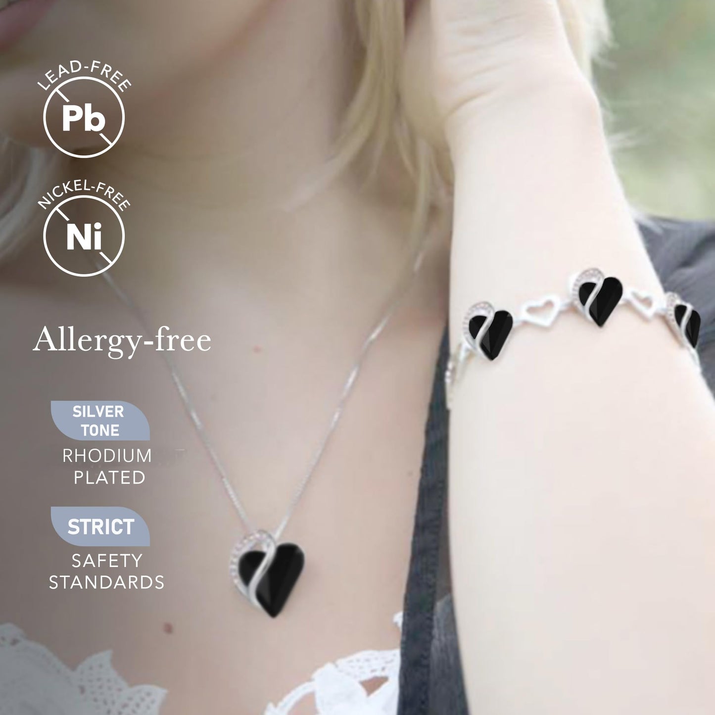 Leafael Infinity Love Heart Gift Bracelet for Women, Healing Stone for Protection, Jet Black, Silver Tone, 7-inch Chain and 2-inch Extender