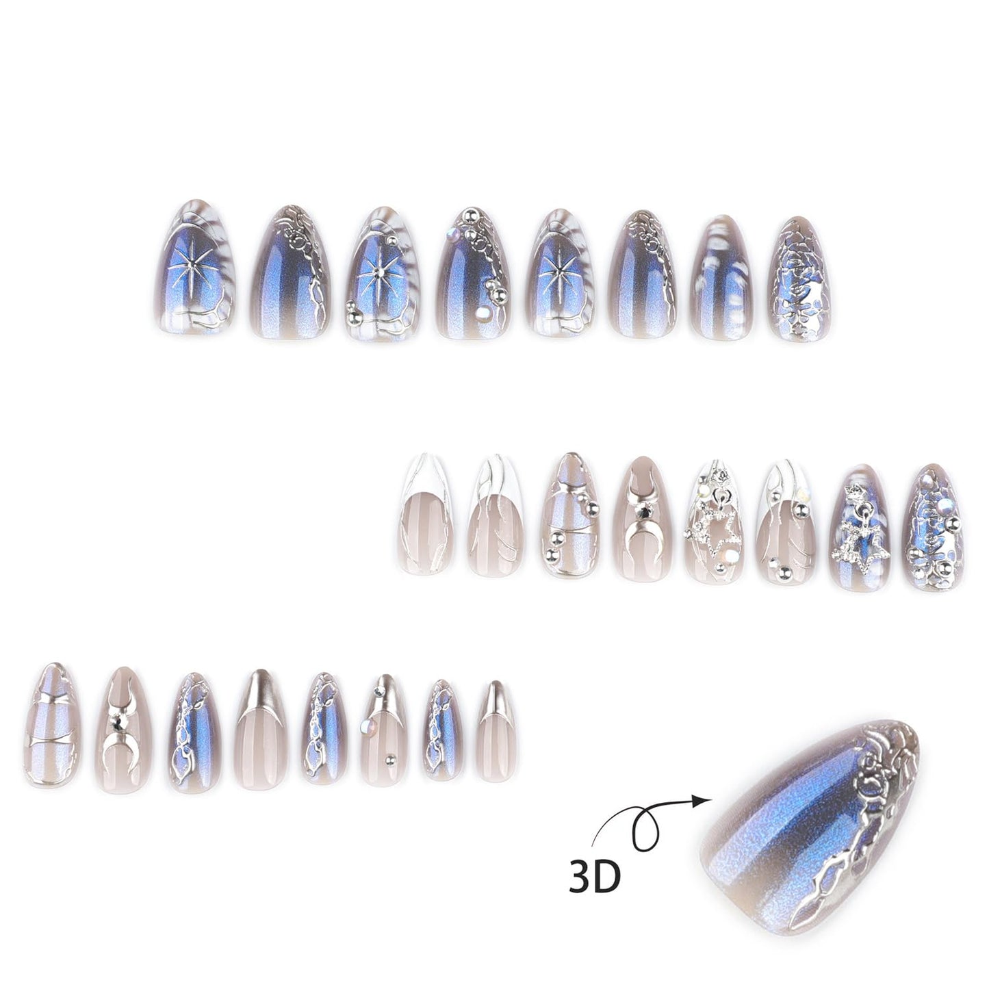 Gothic Chrome Press On Nails with Charms Medium Almond Fake Nails with French Silver 3D Star Art Tip lrregular Designs Handmade Goth Y2K False Nail Stick On Nails for Women 24Pcs