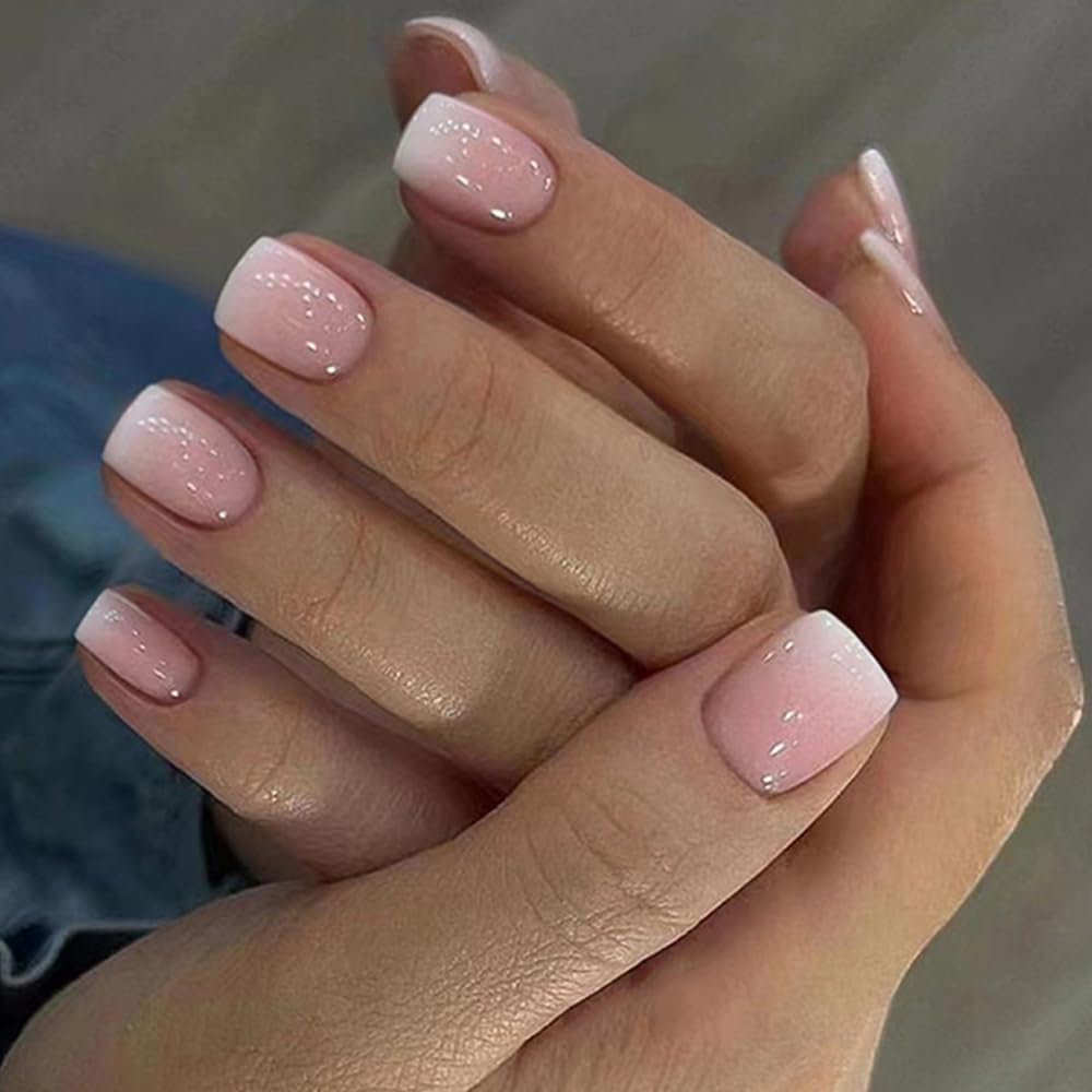 Curvlife Soft Gel Press on Nails Short Square Beige White Pink False Fake Acrylic Nails with Apricot Design Full Cover Nails Glossy Nude Artificial Stick on Nails for Women
