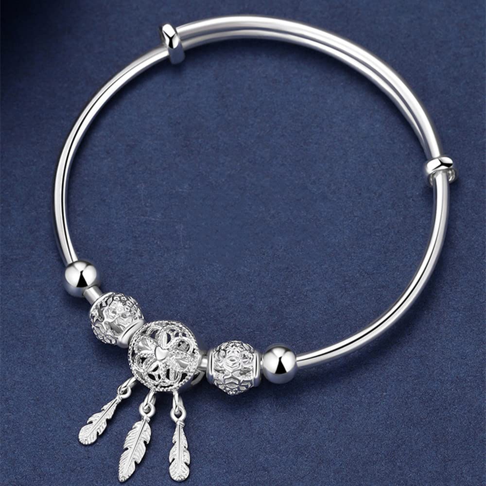 Sterling Silver Bracelets For Women 925 Sterling Silver Beads Bangle Bracelet Transfer Lucky Cuff Bracelet Adjustable Fashion Women Jewelry