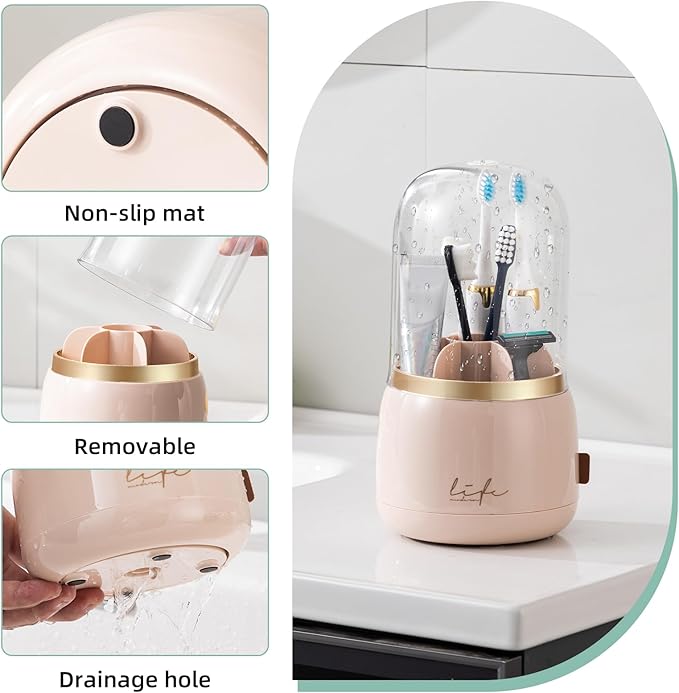 Toothbrush Holders for Bathrooms, Rotating 7 Slots Electric Toothbrush Holders with Cover, Countertop Toothpaste Organizers (Pink)