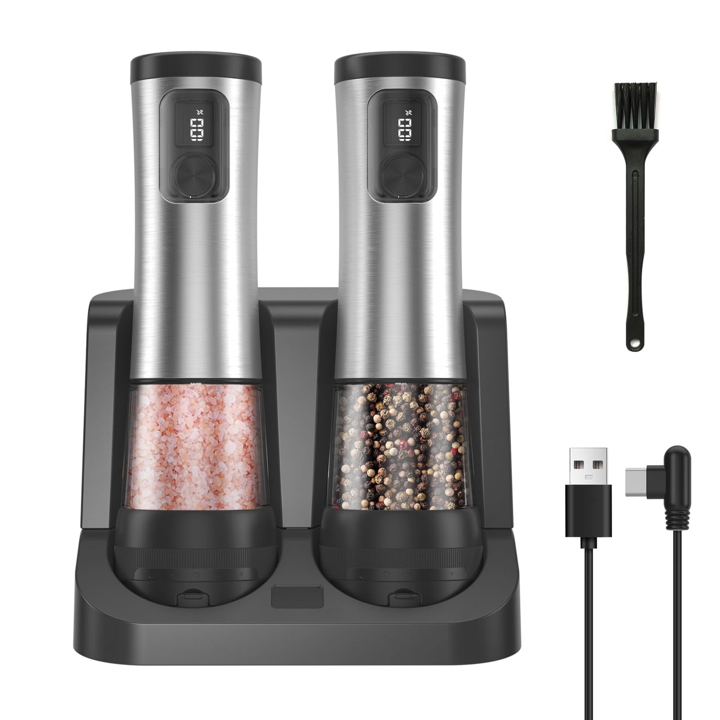 Electric Salt and Pepper Grinder Set,2 Pack Rechargeable Automatic Pepper Mill,with Charging Base,5 Level,Display,LED Lighting,Large Capacity,Kitchen Gift (2, Stainless steel, Charging Base)