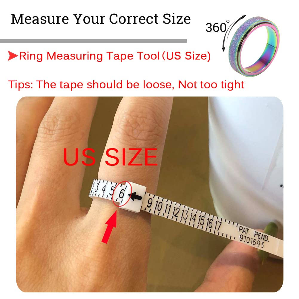OreilleStar Anxiety Ring for Women Fidget Spinner Ring Fidget Toys Adults Titanium Stainless Steel Thumb Ring 6mm Wide Rainbow Size 9