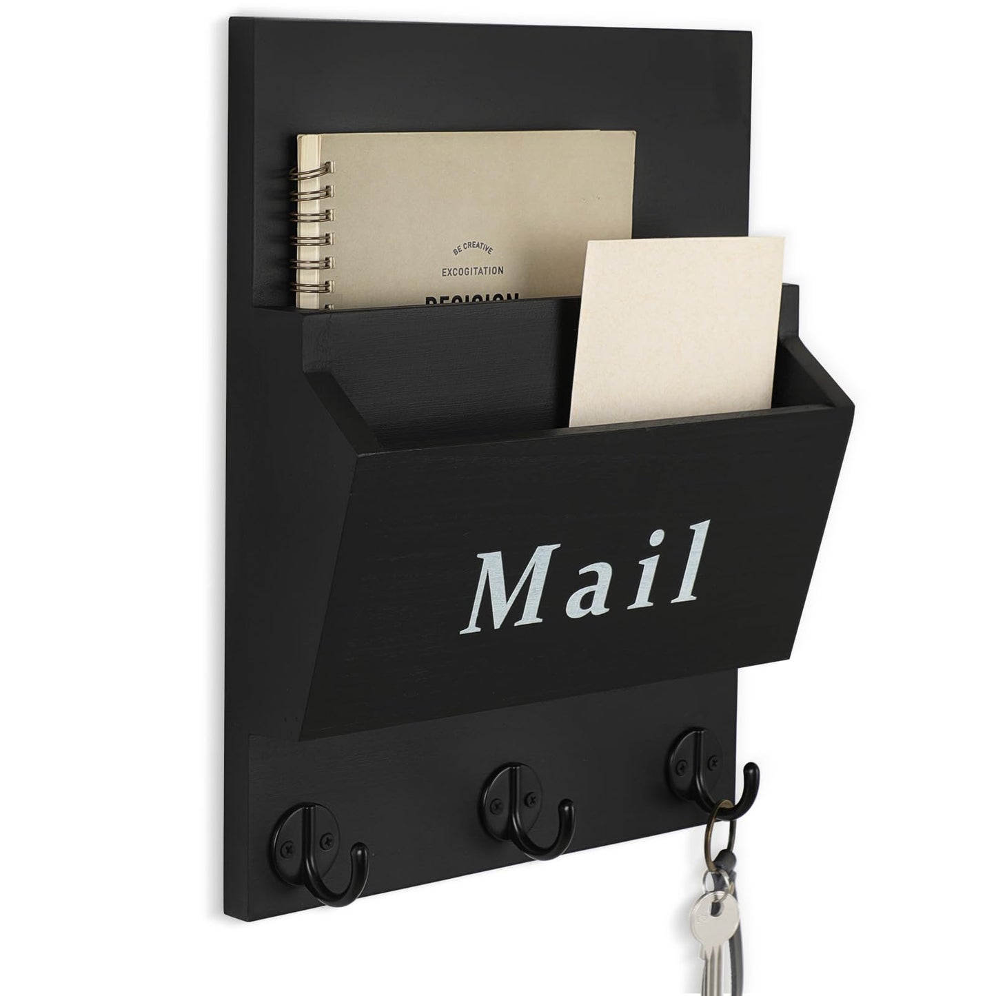 Lucundm Mail and Key Holder - Decorative 8.86" x 11.42" Wall Key Hanger with 2 Mail Organizer Slots and 3 Hooks - Real Paulownia Wood with Keyhole Brackets, Hardware and Instructions (Black)