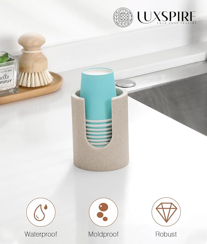 Luxspire Bathroom Cup Dispenser, 3oz Dixie Cup Dispenser, Resin Dixie Cup Holder, Disposable Paper Cup Holder for Bathroom, Cotton Pad Holder, Guest Bathroom Essentials, Beige