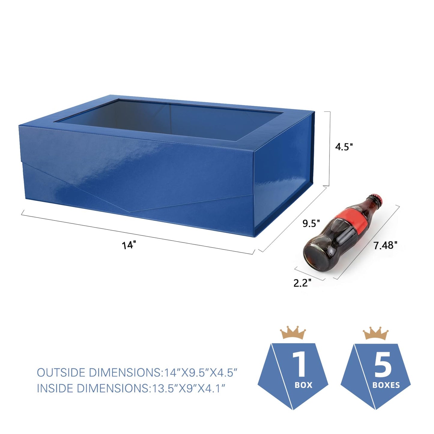 PACKQUEEN Large Blue Gift Box with Window, 13.5x9x4.1 Inches Clear Gift Box for Present Contains Ribbon, Card, Groomsman Proposal Box with Magnetic Lid (Glossy Blue)