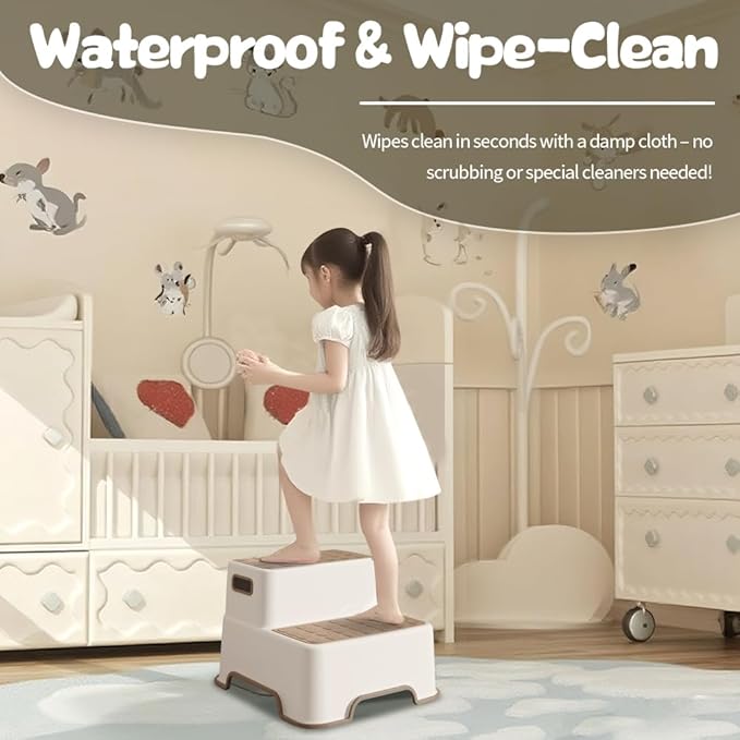 Toddler Step Stool for Bathroom sink, 2 Pack Step Stool for Kids, Plastic Potty Training Toilet Stepping Stools, Child and Baby Lightweight&No-Slip Two Step Stools for Kitchen(Off-White/Khaki)