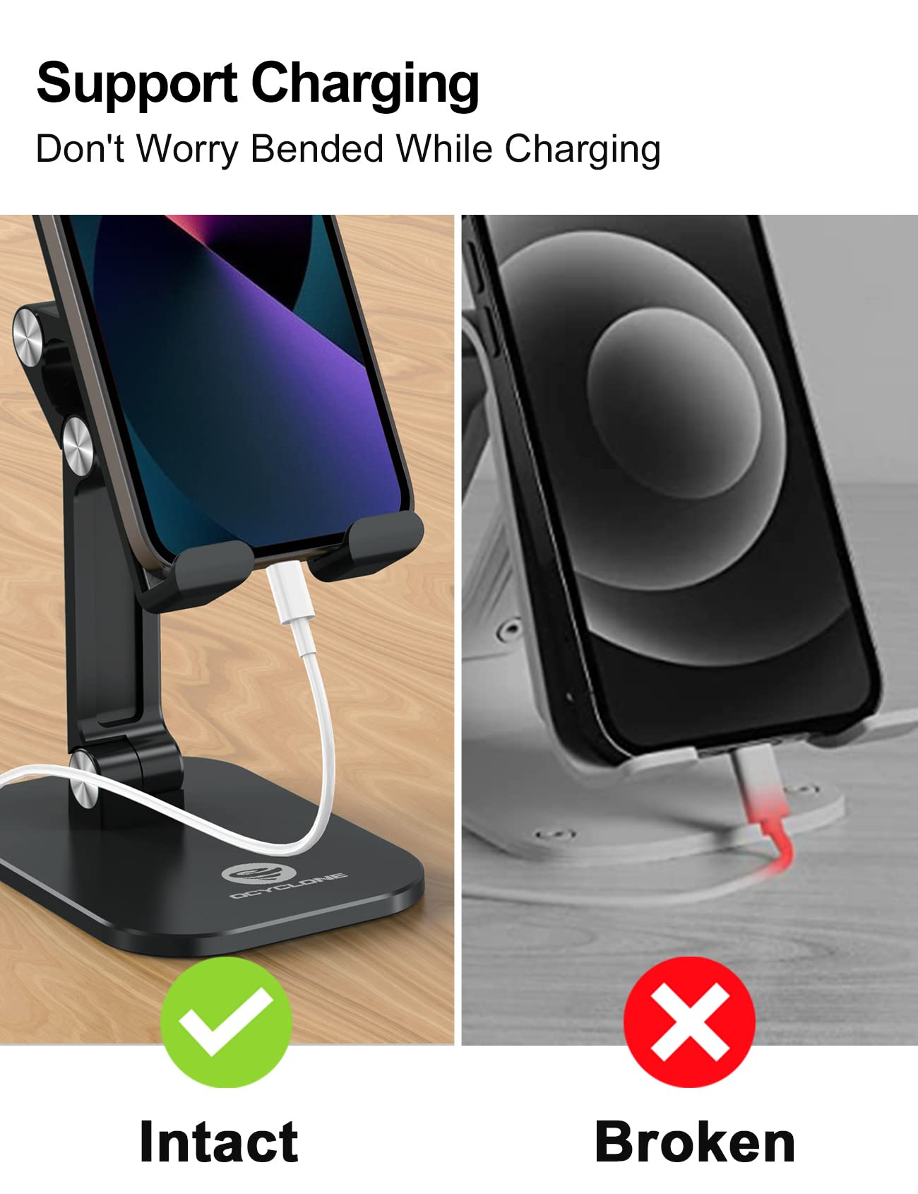 OCYCLONE Cell Phone Stand + 2 PCS Cable Organizer, Angle Height Adjustable iPhone Stand for Desk, Foldable Cell Phone Holder Tablet Stand Compatible with 4.7"-13" Phone Tablet