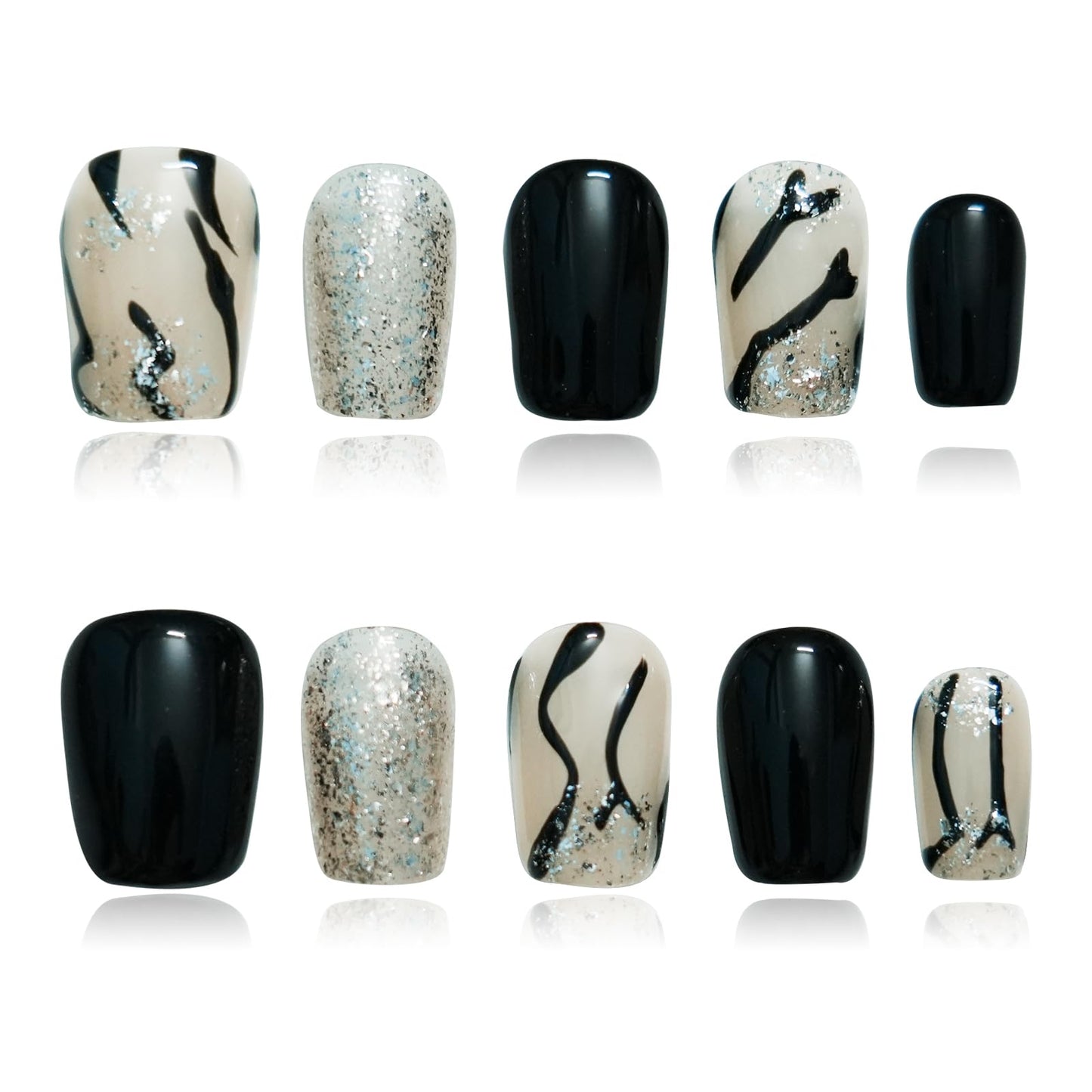 Tesytto Press on Nails Short Coffin, Handmade Black White 3D Glossy Acrylic Fake Nails Zebra Print with Silver Glitter Effects for Women Nails Art (Zebra Stripe,L)