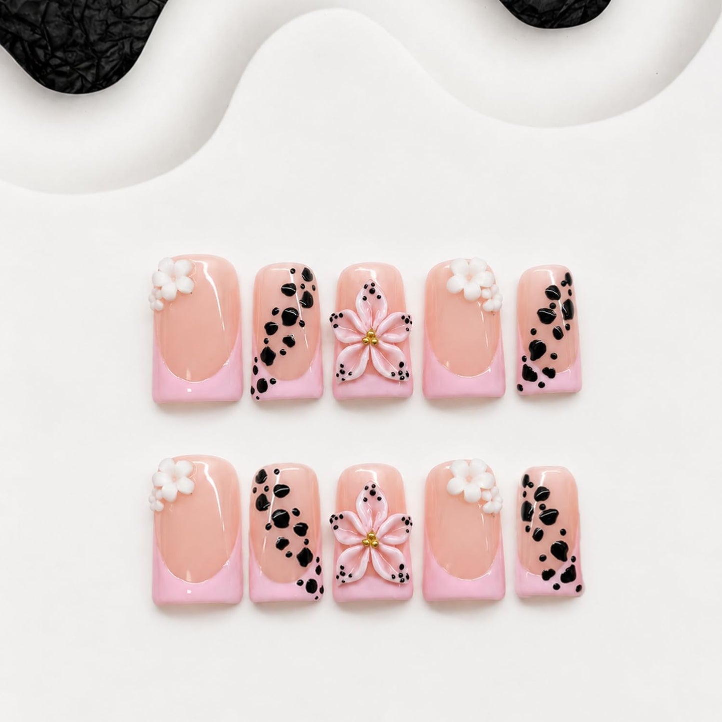 Duck Press on Nails Handmade Short Pink French Tip Fake Nails with 3D Flower Designs Black Leopard Print False Nails Glossy Thick Acrylic Stick on Nail Art Elegant Style for Women Daily Wear (M)