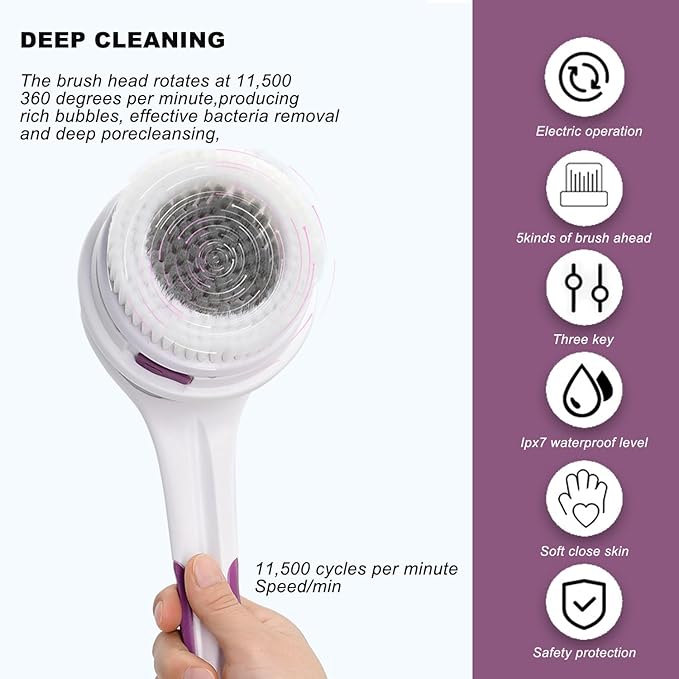 Electric Body Brush,5 Attachments Brush Heads Electric SPA Brush Spin Scrubber for Shower Bathing Cleansing Wash Deep Cleaning with Silicone Rechargeable IPX7 Waterproof