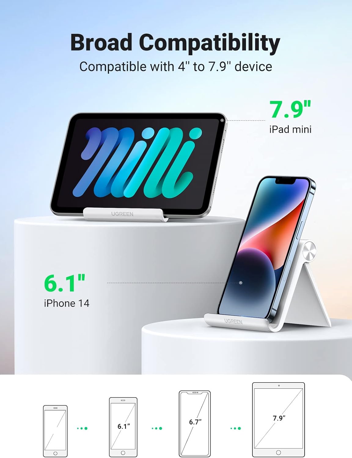 UGREEN Cell Phone Stand for Desk Phone Holder Foldable Portable Adjustable Compatible with iPhone 16 15 14 13 Pro Max, iPhone 12 11 Plus SE XS XR 8 7, Office Desk Travel Accessories, White