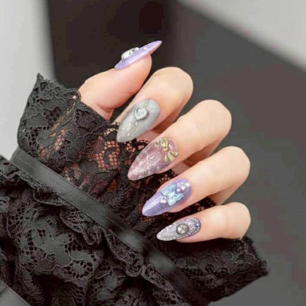 Azilaz Press-on Nails, Handmade Almond Shape, Pink Purple Silver Glitter Hearts Design with Crystals,Upgrade Size XS-XL, 10 Piece Set(Large)