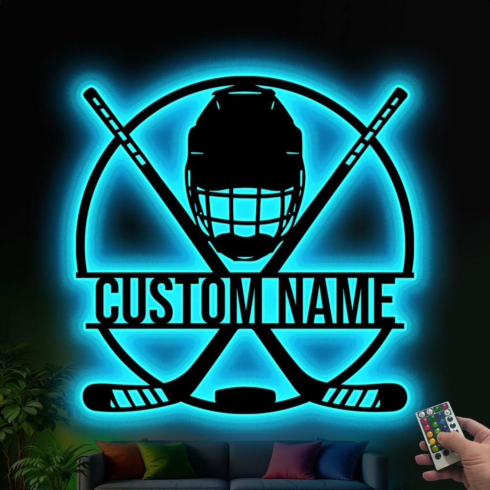 Hockey LED Wall Art with Remote – Custom Name Light Up Sign for Boys Room, Unique Gift for Hockey Players, Sports Lovers, Fans, Coaches, Man Cave, Hockey Wall Décor