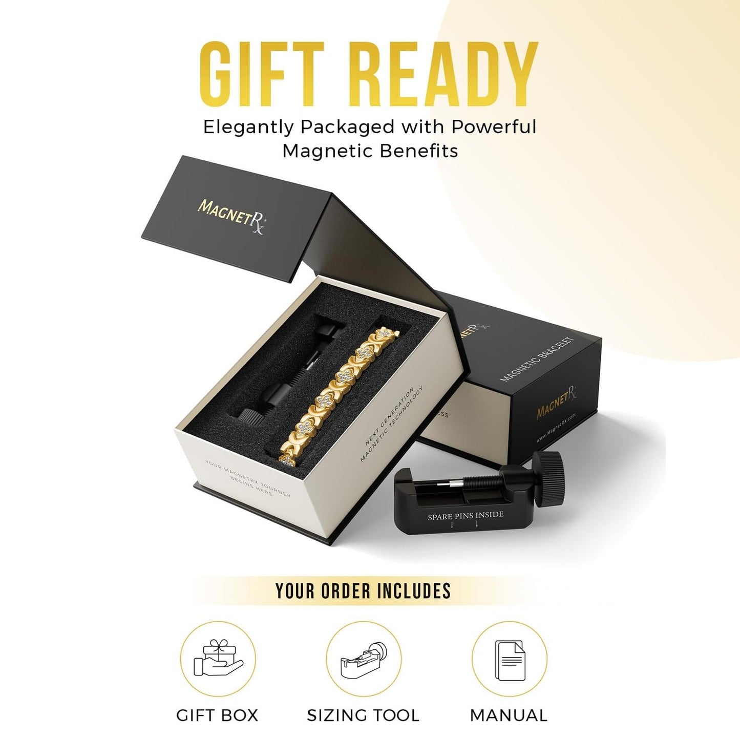 MagnetRX® Magnetic Bracelets for Women — Premium Four Leaf Clover Bracelet with Crystals and Ultra Strength Magnets — Adjustable Length with Included Sizing Tool (Gold)