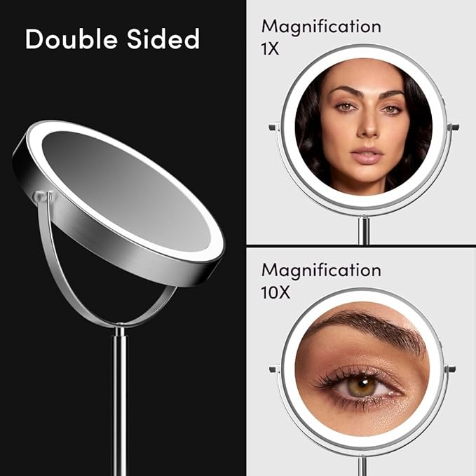 Fancii 9-Inch Lighted Makeup Mirror Height Adjustable with 10X /1X Magnification - Rechargeable, Double Sided LED Vanity Mirror with Light and Stand, 360° Swivel (Hailey)