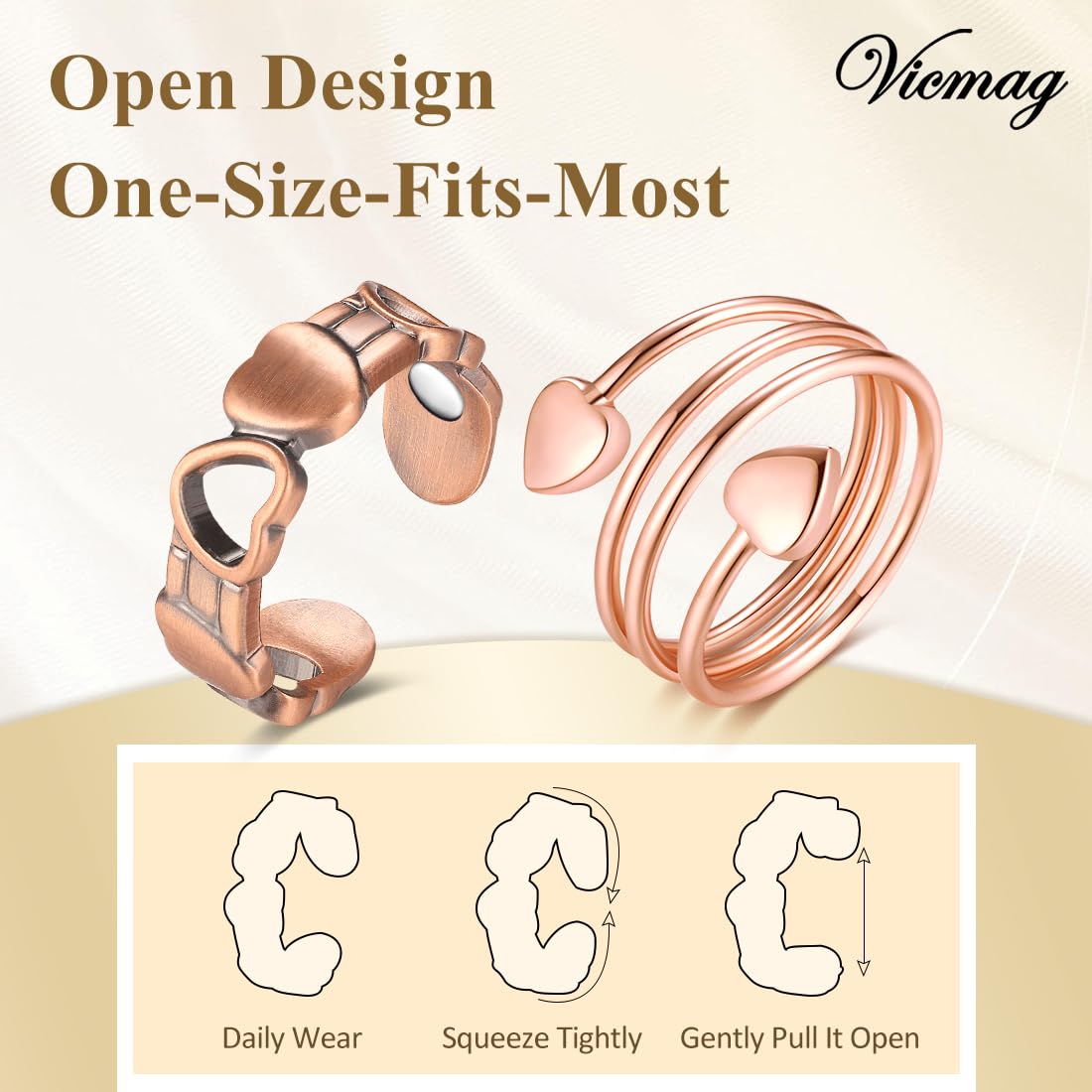 Vicmag 2PCS Magnetic Copper Rings for Women & Men,99.99% Pure Copper Ring with 9X Magnets Gift Adjustable(Heart & Love)