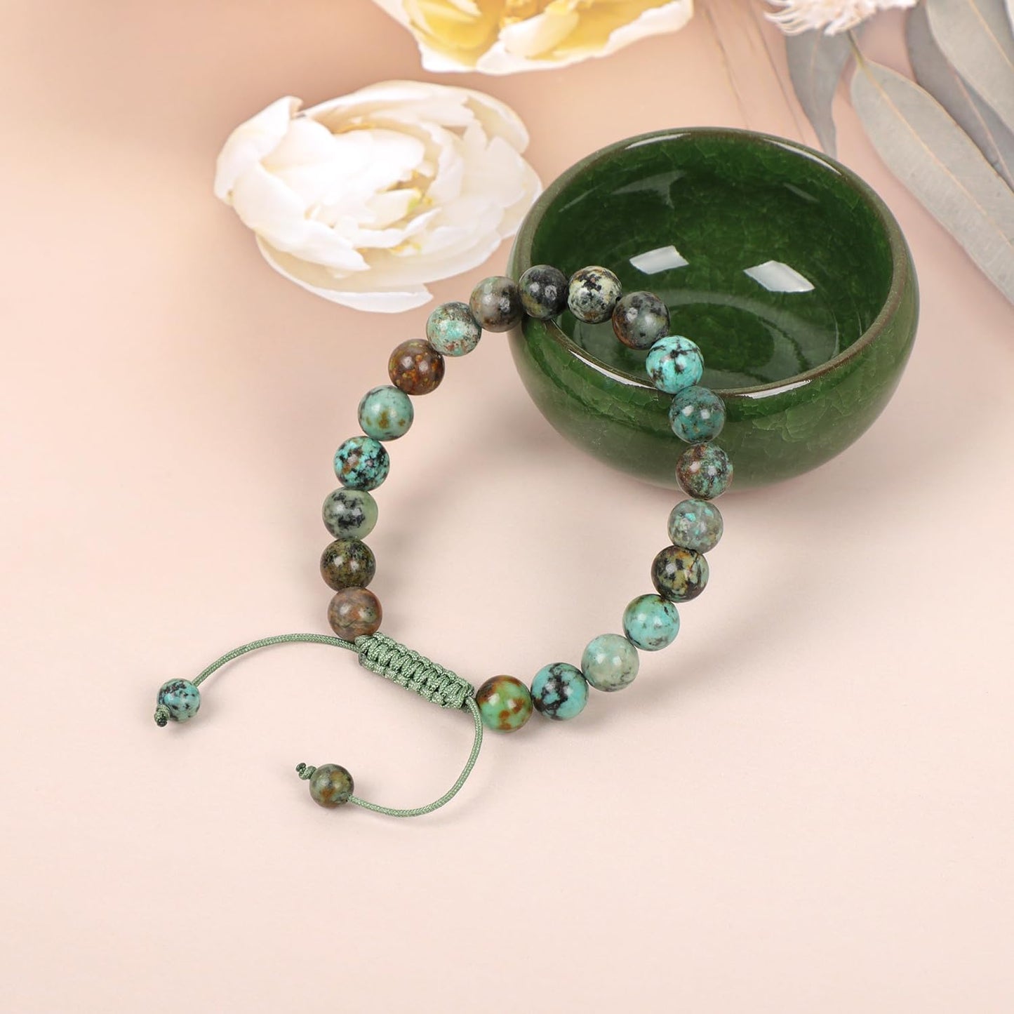 AD Beads Natural 8mm Gemstone Bracelets Healing Power Crystal Macrame Adjustable 7-9 Inch (African Turquoise)