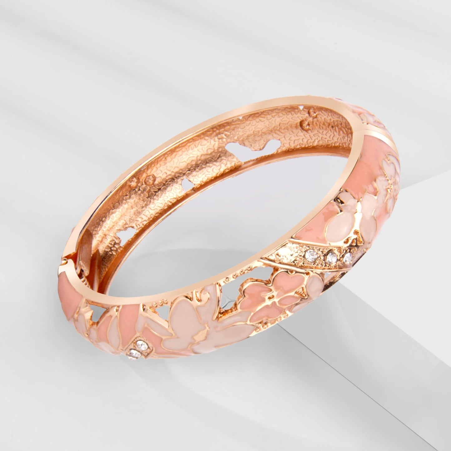 wynameleri Vintage Jewelry Cloisonne Handcrafted Enameled Gorgeous Rhinestone Flower Gold Hinged Cuff Bracelet Bangles Gifts 88C07-55A45 pink
