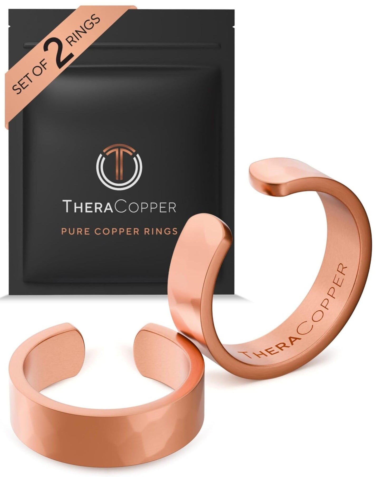 TheraCopper Pure Copper Rings for Women & Men (2-Pack) — 100% Pure Copper Ring — Raw, Solid & Uncoated Authentic Handmade Open-End Adjustable Ayurvedic Jewelry Rings (6mm Hammered)