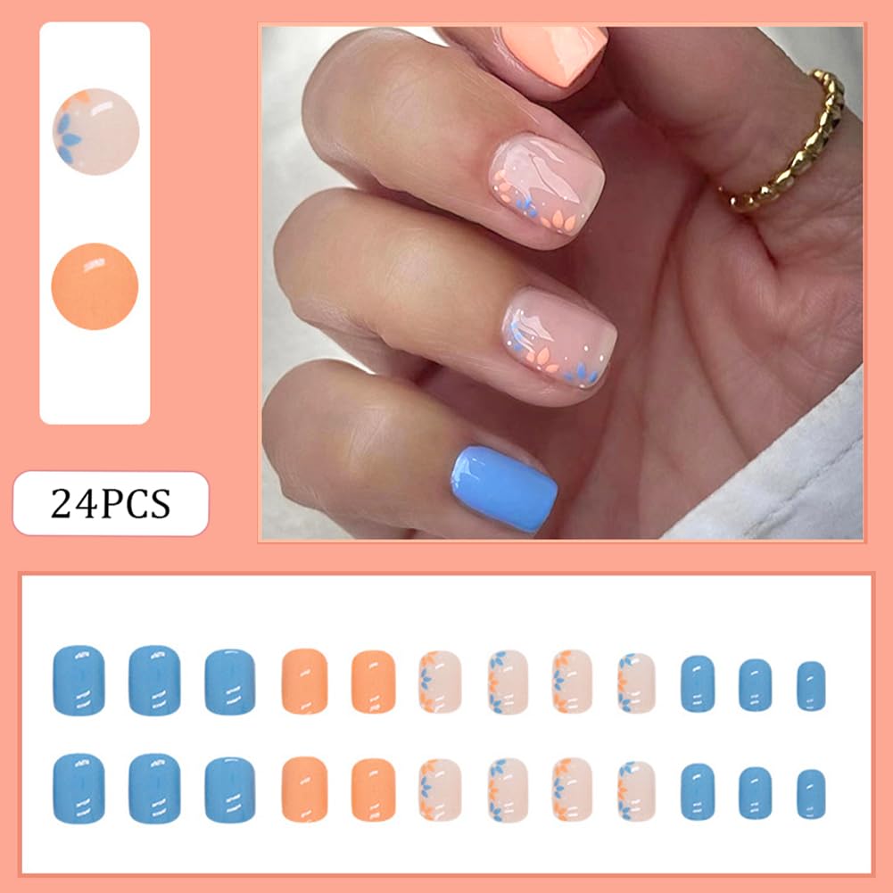 Extra Short Press On Nails Glue On Square Short Glossy Blue Fake False Nails with Small Floral Press ons Designs Artificial Stick on Nail for Women 24Pcs