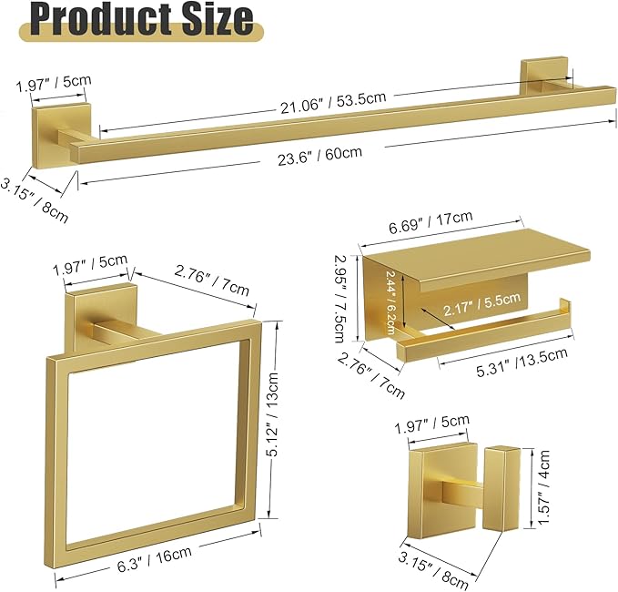 YACVCL 5-Pieces Brushed Gold Bathroom Hardware Accessories Set Stainless Steel Bathroom Towel Bar Set Towel Holder Set for Bathroom,Upgraded Toilet Paper Holder with Shelf,Wall Mounted 23.6"