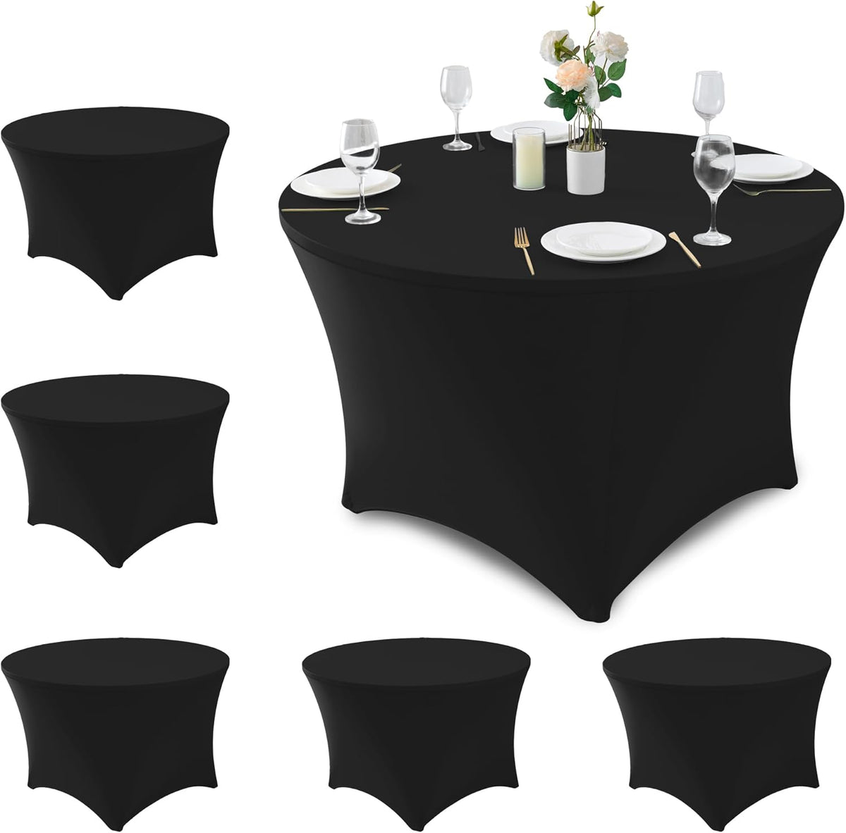 Fitted Round Table Covers 5ft-Spandex Elastic Table Cloths 6 Pack 60 Inch-Black Small Stretch Folding Tablecloth for Weddings Banquets Restaurant Buffet Event Parties Vendor Stand Tables