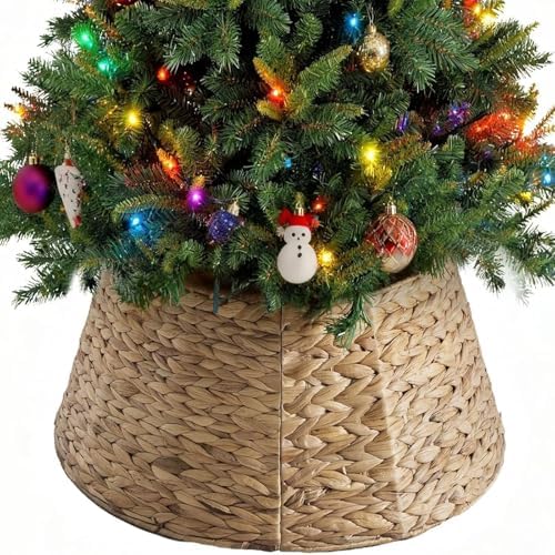 Sweetcrispy 24inch Christmas Tree Collar for 4-7ft Trees, Woven Hyacinth Rattan 4-Panel Collar w/Cord Access Hole & Easy Lock Design,Handwoven Natural