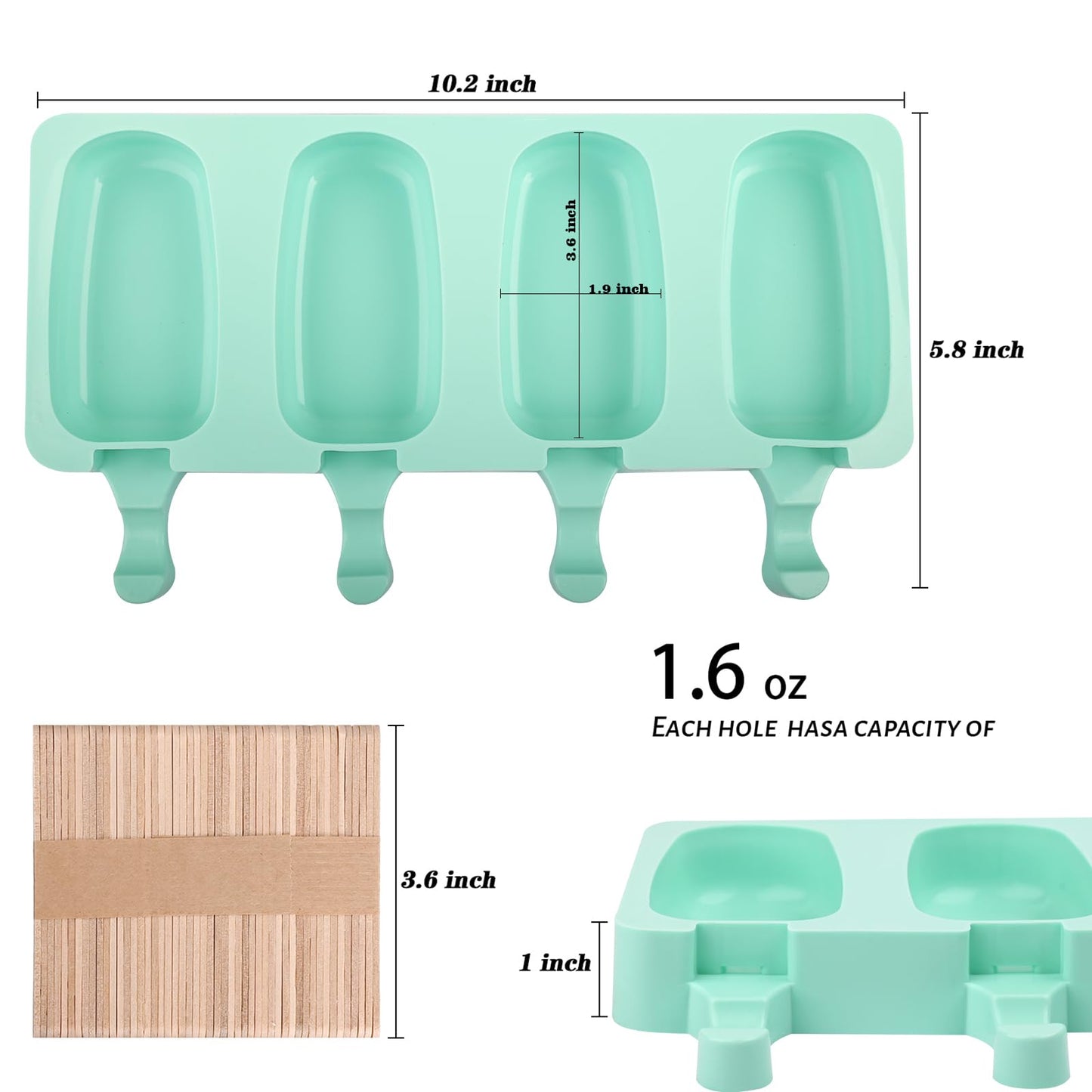 WMKGG Popsicle Silicone Molds Set, 2 PCS Ice Cream Molds with 50 Wooden Sticks for Cake Pop, Ice Pop, Cakesicles (Standard Size/Green)