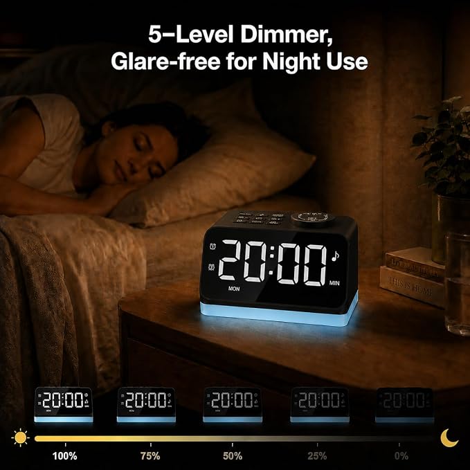 JALL Digital Alarm Clock with FM Radio for Bedroom, 8 Colors Night Light with 2 Charging Port, Sleep Sound Machines with Timer, Dual Alarm, Loud Alarm and Easy to Use for Seniors as Gift