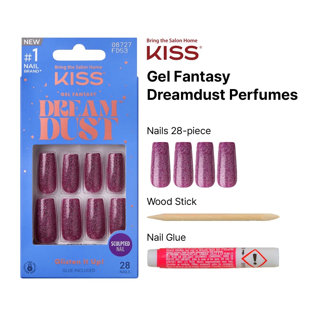 KISS False Nails Kit, Dreamdust Ready to Wear Gel Sculpted Nails, Stick and Glue Included, Long Length, Square Shape with Glitter Effect, Long-Lasting Hottest Trend Glue on Nails