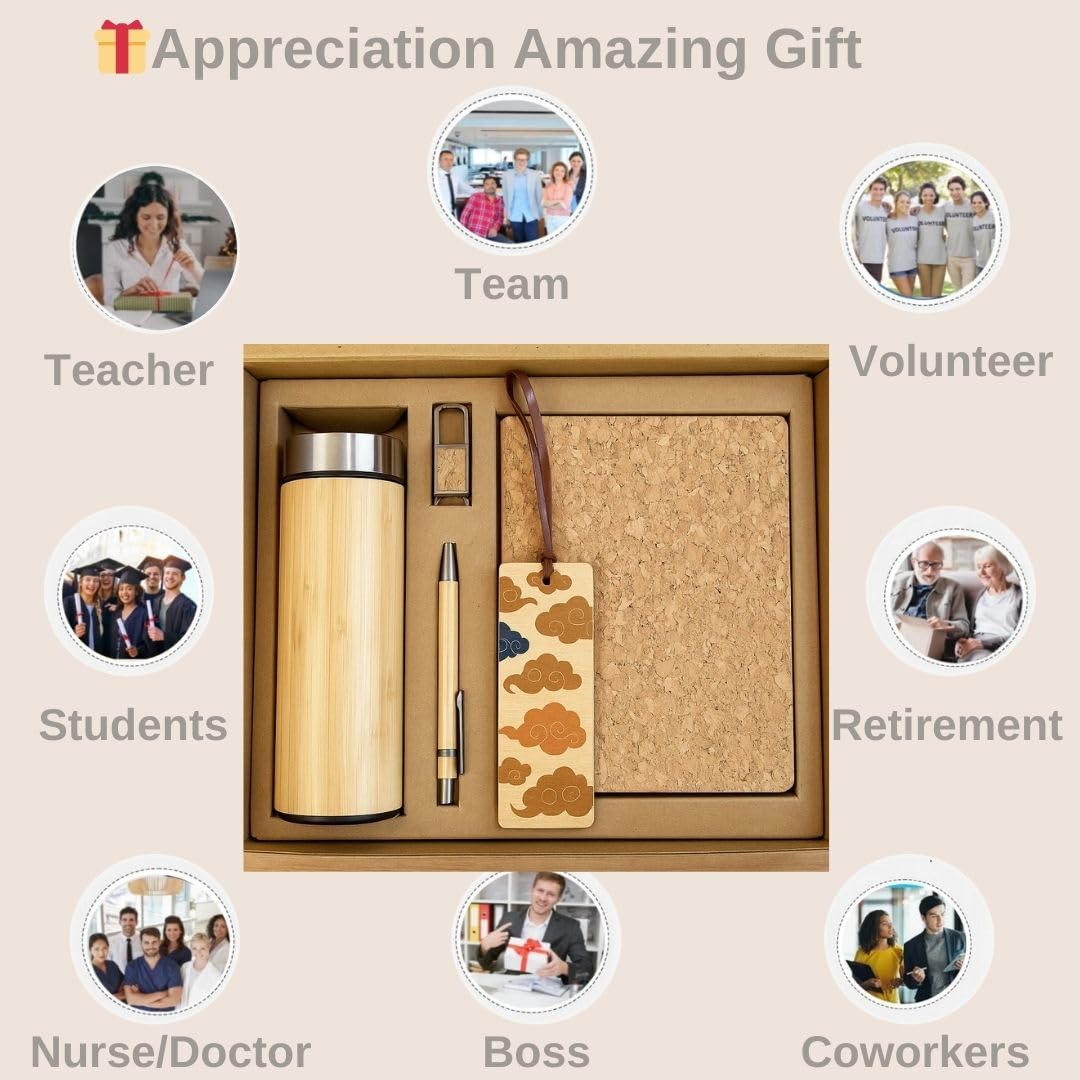 Corporate Gift Set – Eco-Friendly Bamboo Water Bottle, Handcrafted Journal, Pen, Keychain & Wooden Bookmark in Elegant Box – Employee Appreciation, Executive & Client Gift Box