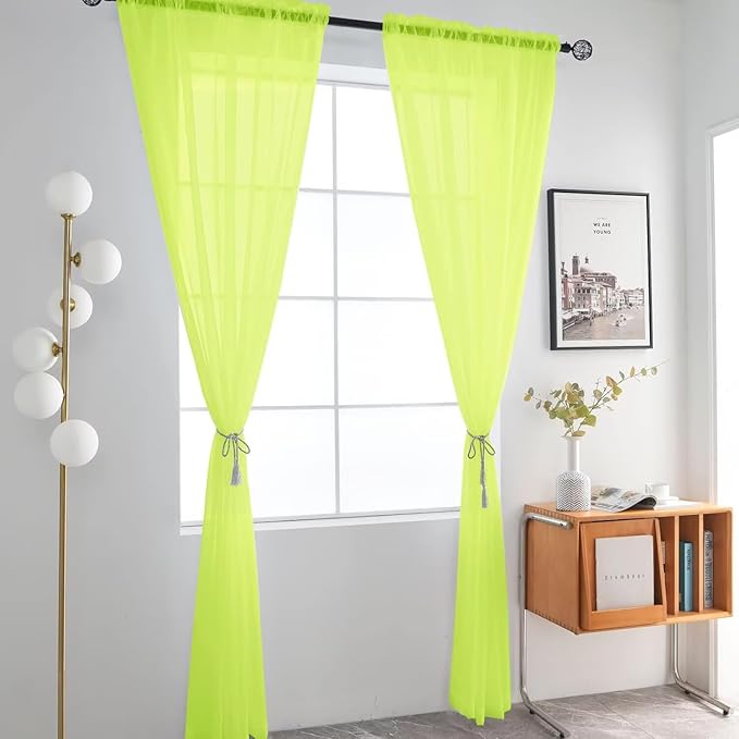 SpaceDresser Basic Rod Pocket Sheer Voile Window Curtain Panels Chartreuse 1 Pair 2 Panels 52 Width 84 Inch Long for Kitchen Bedroom Children Living Room Yard（Chartreuse, 52W x 84L）