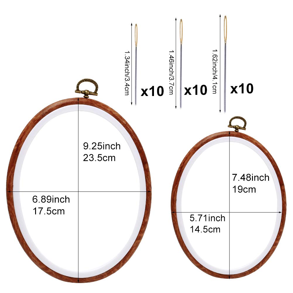 Jupean Embroidery Hoops, 7.5'' 9.2'' Oval Embroidery Hoop, Imitated Wood Display Frame with 30 Pieces Embroidery Needles, Embroidery Frame and Cross Stitch Hoop for Art Craft Sewing and Wall Hanging