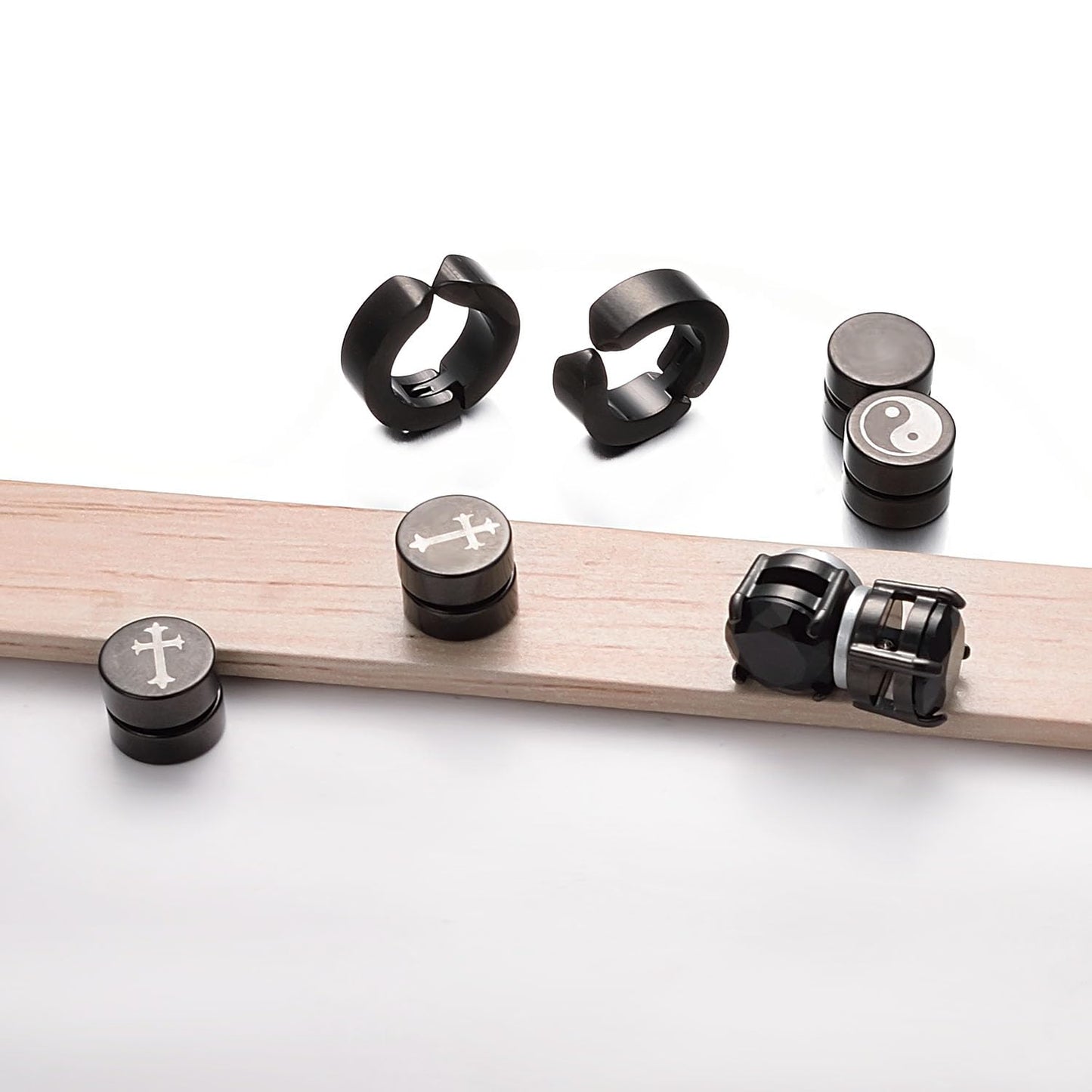 Airokiy 4 Pairs Magnetic Earrings For Men Non Pierced Fake Earrings For Men Black Clip On (8/13mm)